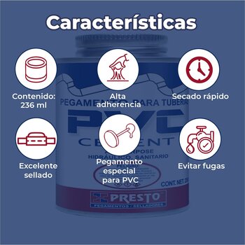Pegamento Presto PVC 236 ml ¼ l Para tuberías