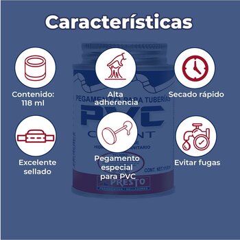 Pegamento PVC Presto Para Conexiones Hidraulicas118 ml 1/8 l