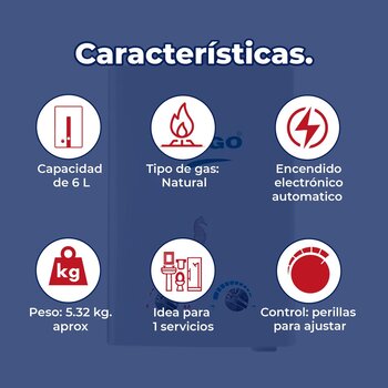 Calentador de Paso Instantáneo Rugo Gas Natural 6 L